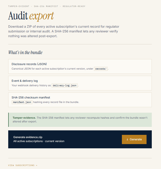 Audit evidence export in MCX — a tamper-evident ZIP of disclosure records, event and delivery log, and a SHA-256 checksum manifest so any reviewer can verify nothing was altered post-export