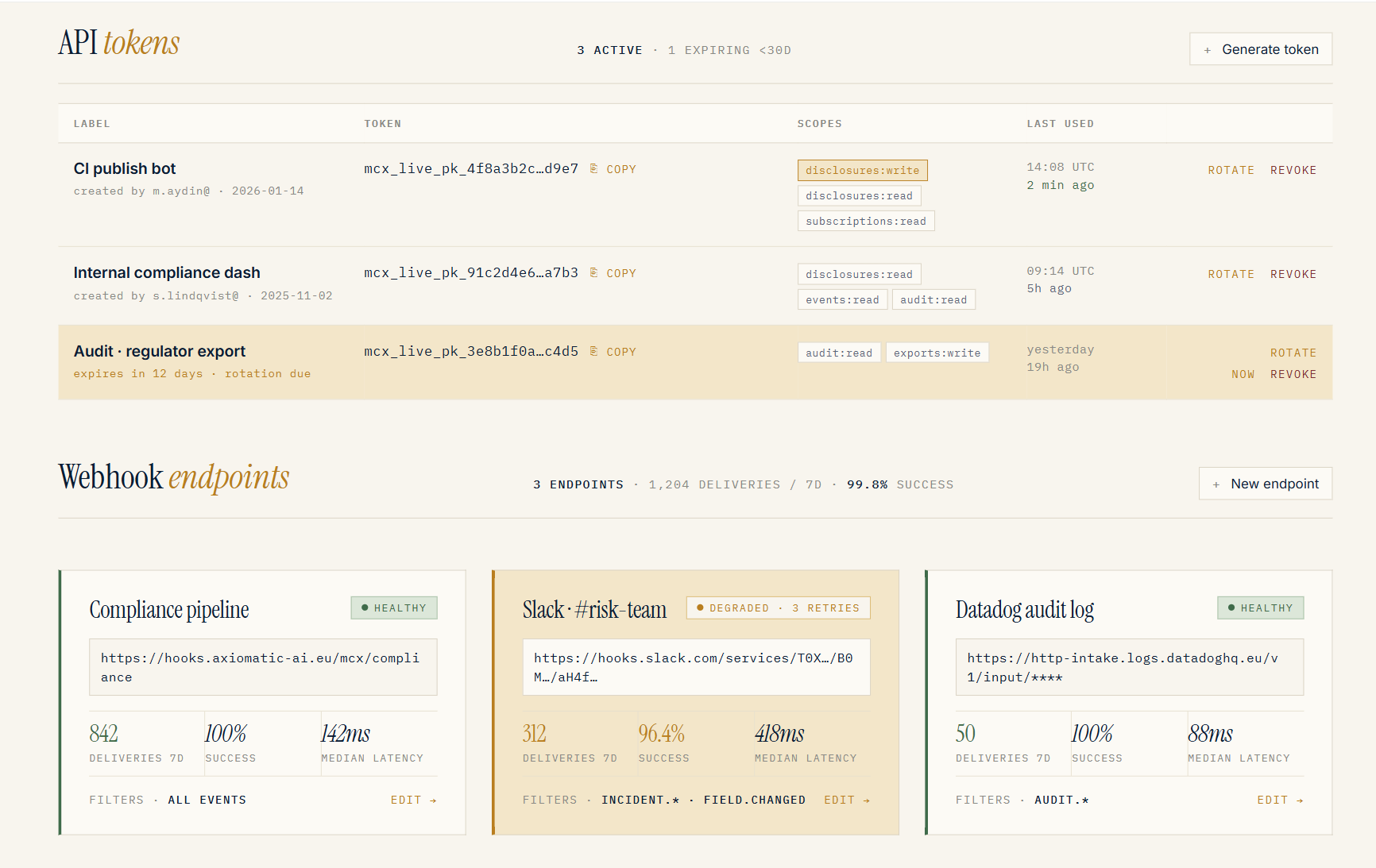 API tokens and webhook endpoints in MCX — scoped tokens with rotation, and webhook delivery health across compliance, Slack, and Datadog endpoints